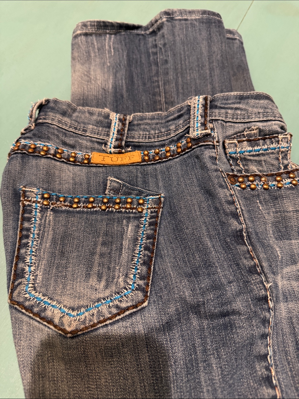 Cowgirl Tuff Women’s Bootcut Jeans In Washed Blue With Stud Accents